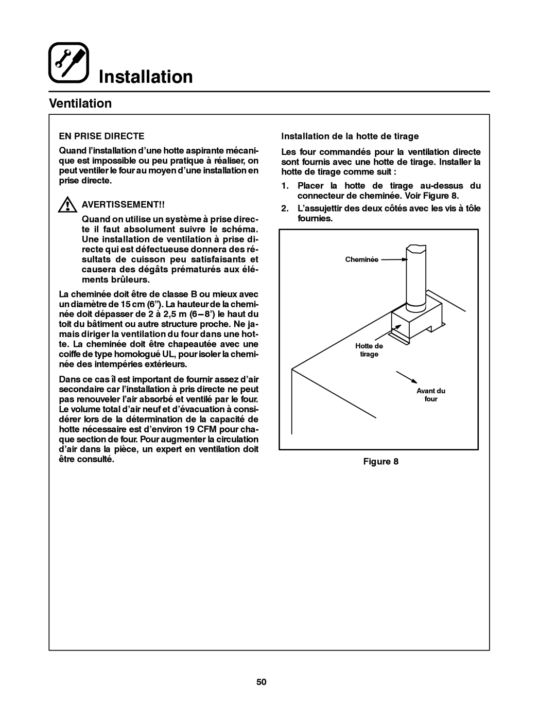 Blodgett DFG-50 manual EN Prise Directe, Installation de la hotte de tirage 