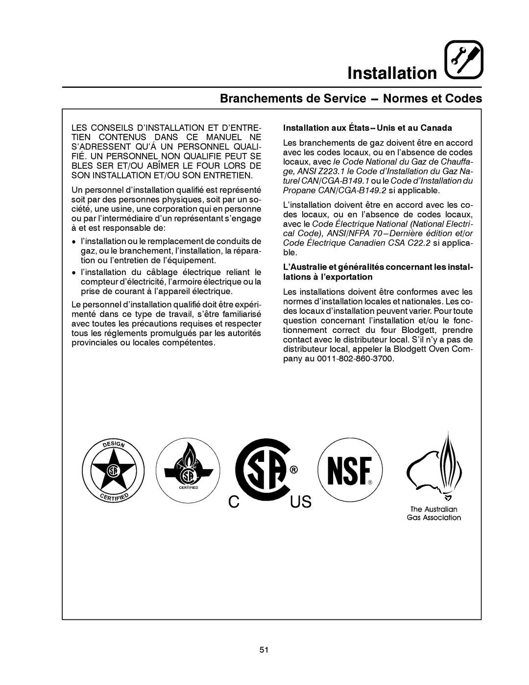 Blodgett DFG-50 manual Branchements de Service --- Normes et Codes 