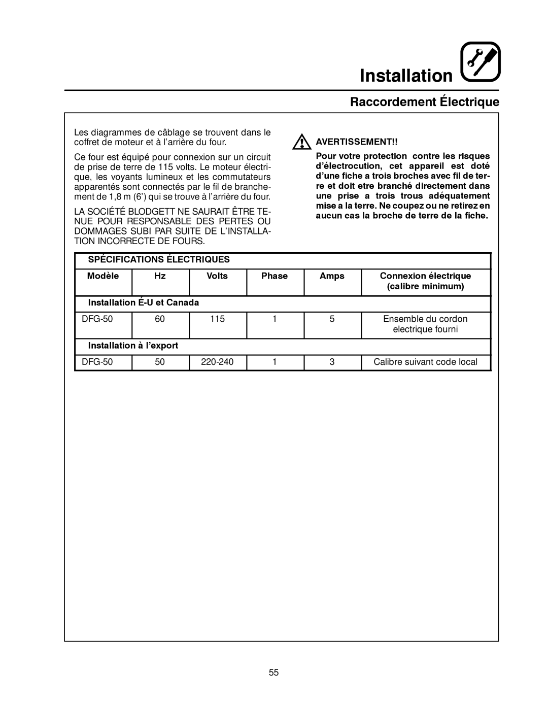 Blodgett DFG-50 manual Raccordement Électrique, Spécifications Électriques, Et Canada, Installation à l’export 