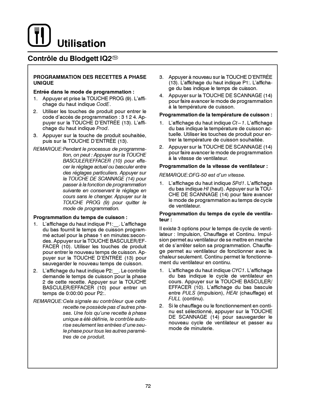 Blodgett DFG-50 manual Programmation DES Recettes a Phase Unique 