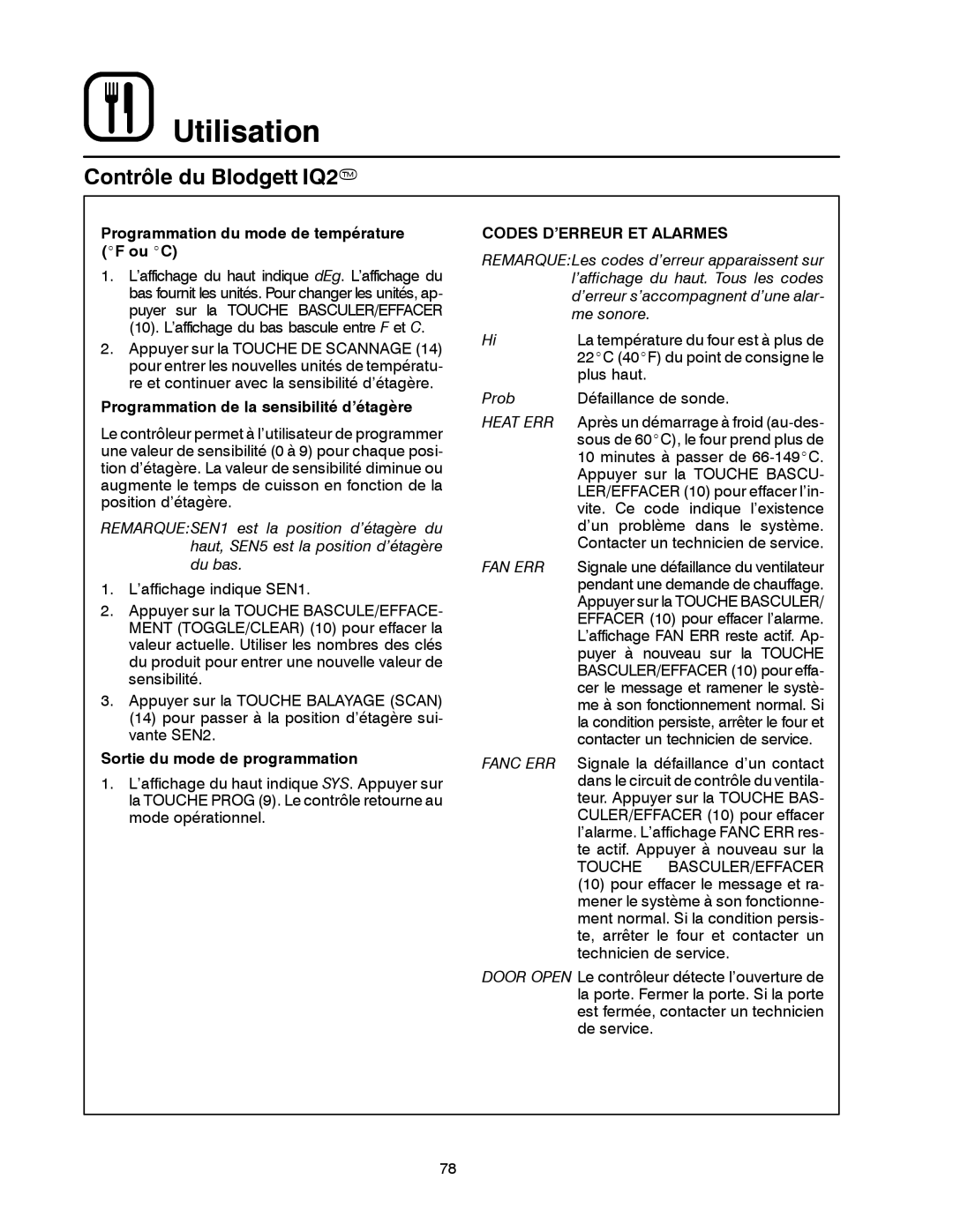 Blodgett DFG-50 manual Programmation du mode de température F ou C, Programmation de la sensibilité d’étagère 