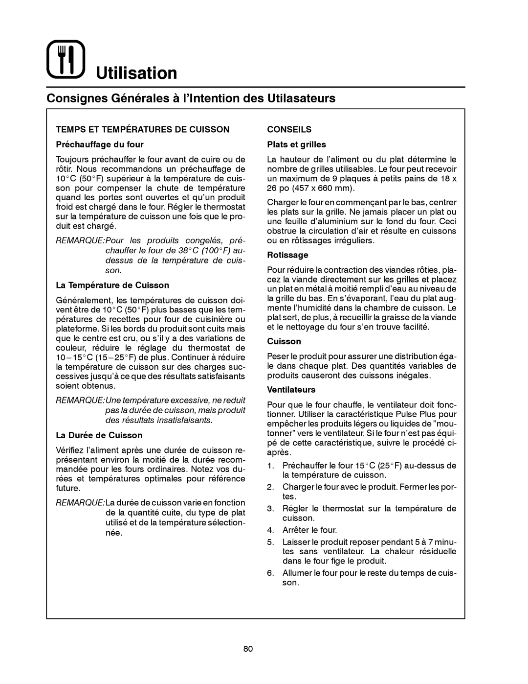 Blodgett DFG-50 manual Consignes Générales à l’Intention des Utilasateurs, Conseils 