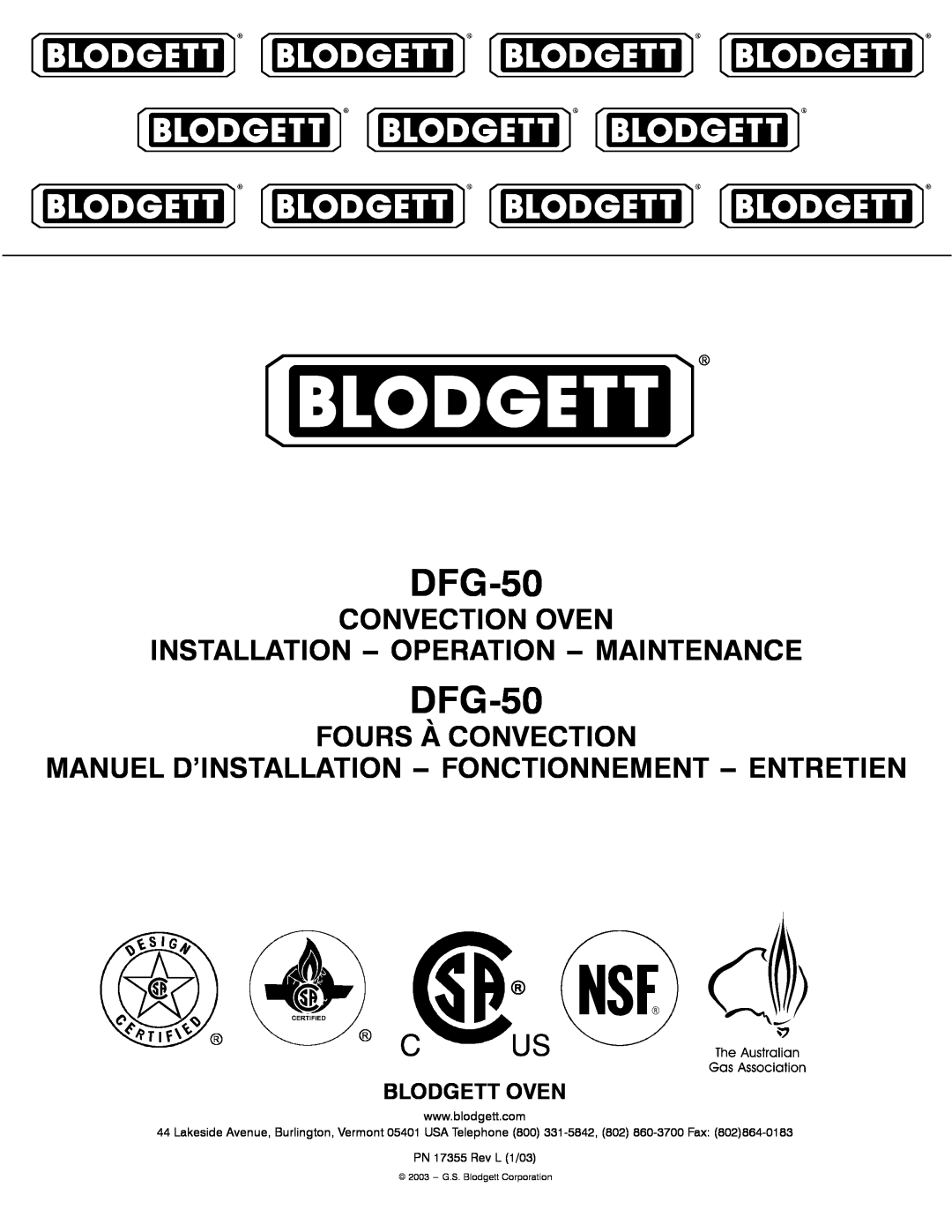 Blodgett DFG-50 manual Convection Oven Installation -- Operation -- Maintenance, Fours À Convection, Blodgett Oven 