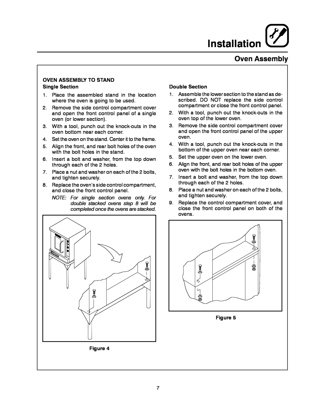 Blodgett DFG-50 manual Oven Assembly, Installation, OVEN ASSEMBLY TO STAND Single Section, Double Section 