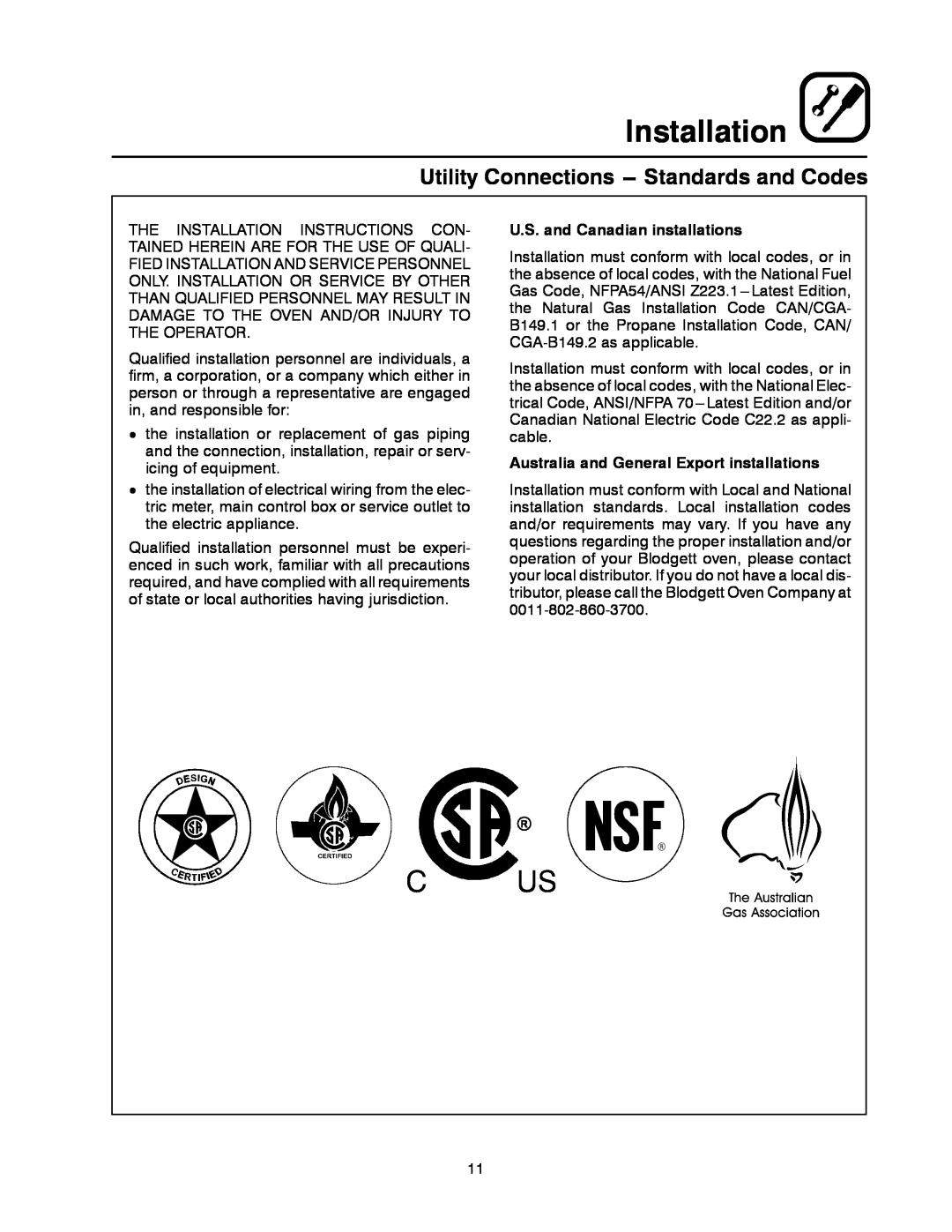 Blodgett DFG-50 manual Utility Connections --- Standards and Codes, Installation, U.S. and Canadian installations 