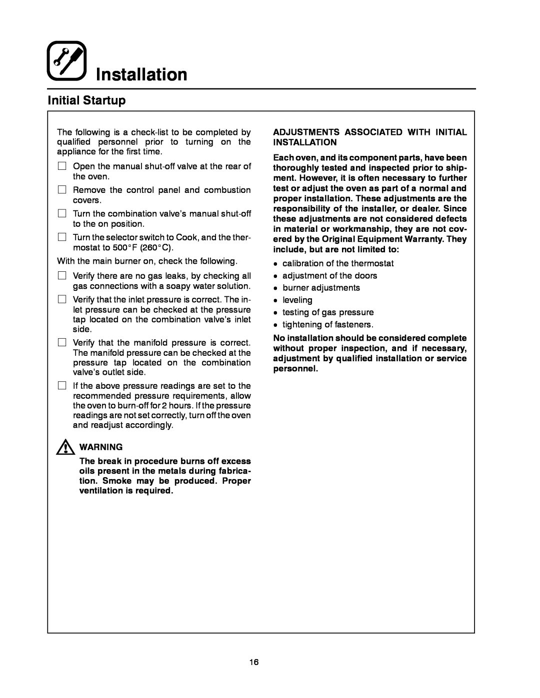 Blodgett DFG-50 manual Initial Startup, Adjustments Associated With Initial Installation 