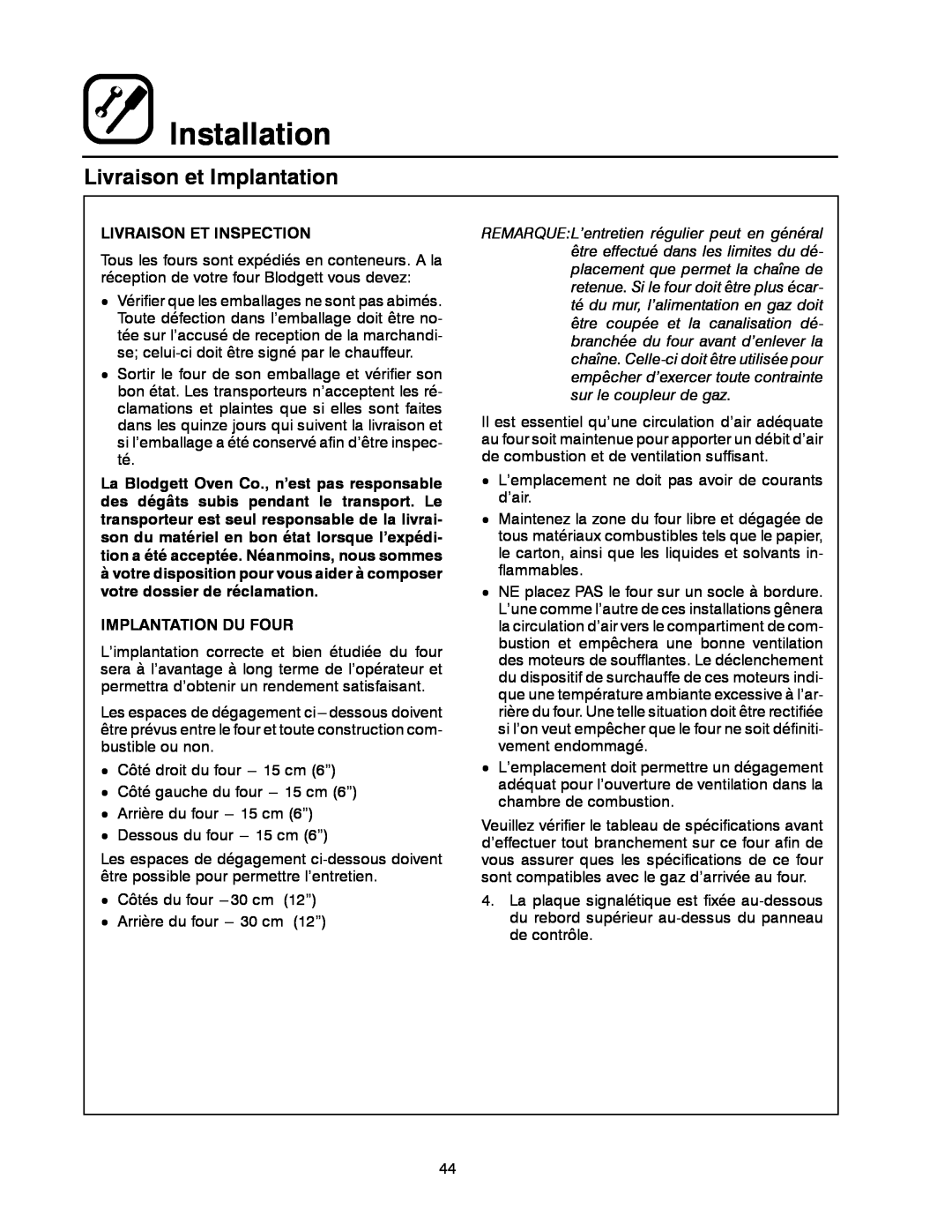 Blodgett DFG-50 manual Livraison et Implantation, Installation, Livraison Et Inspection, Implantation Du Four 