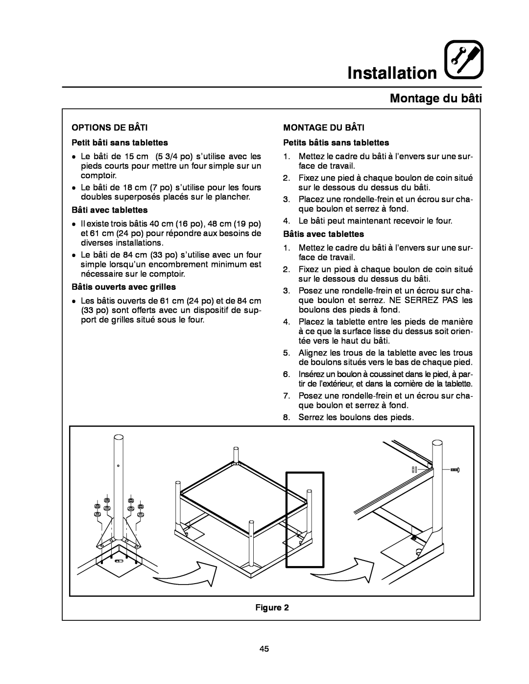 Blodgett DFG-50 manual Montage du bâti, Installation, OPTIONS DE BÂTI Petit bâti sans tablettes, Bâti avec tablettes 