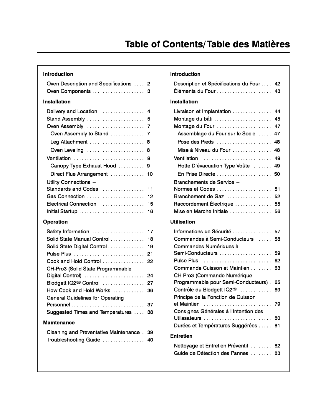 Blodgett DFG-50 Table of Contents/Table des Matières, Introduction, Installation, Operation, Maintenance, Utilisation 