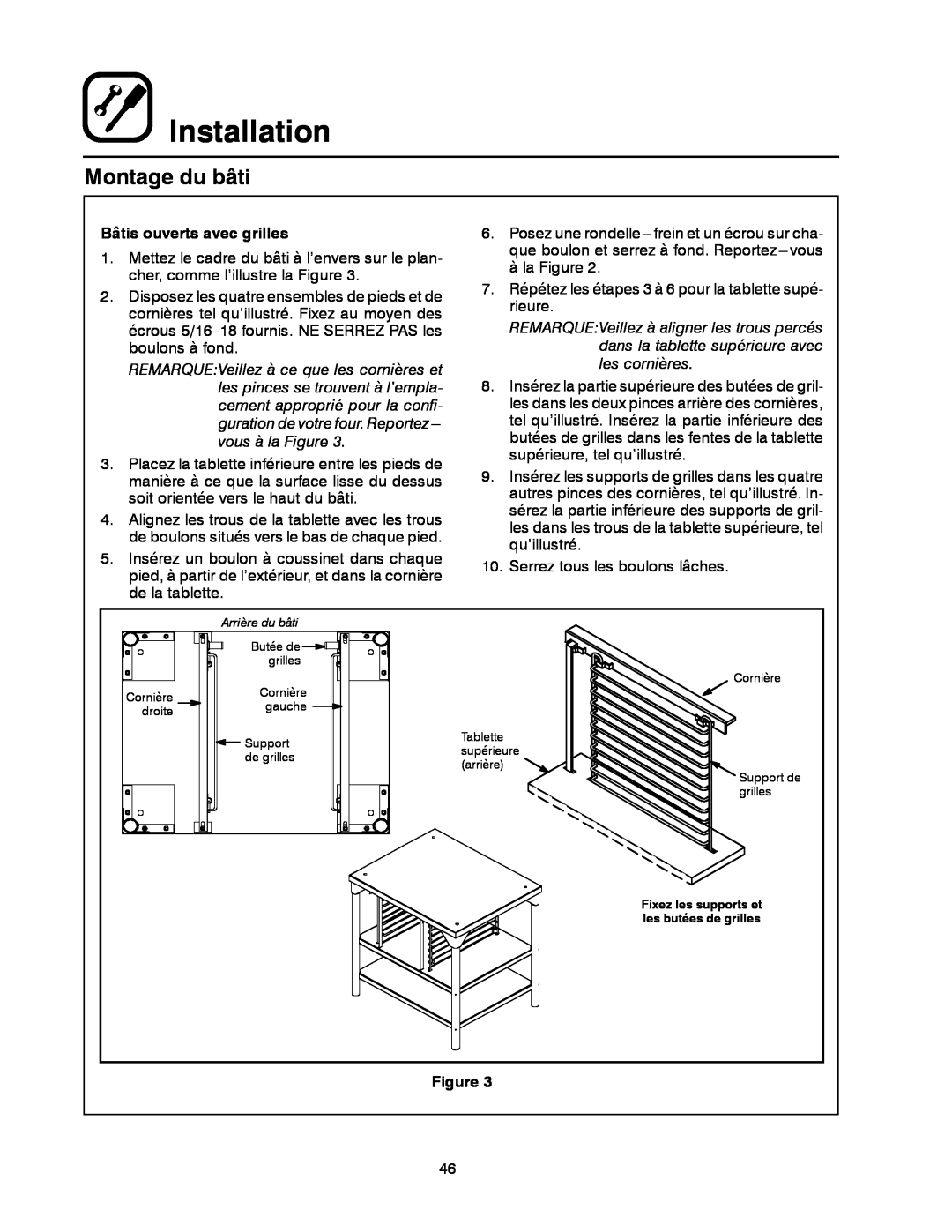Blodgett DFG-50 manual Installation, Montage du bâti, Bâtis ouverts avec grilles 