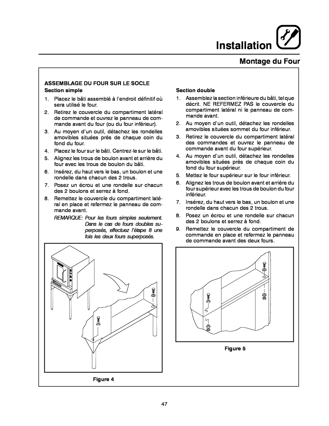 Blodgett DFG-50 manual Montage du Four, Installation, ASSEMBLAGE DU FOUR SUR LE SOCLE Section simple, Section double 