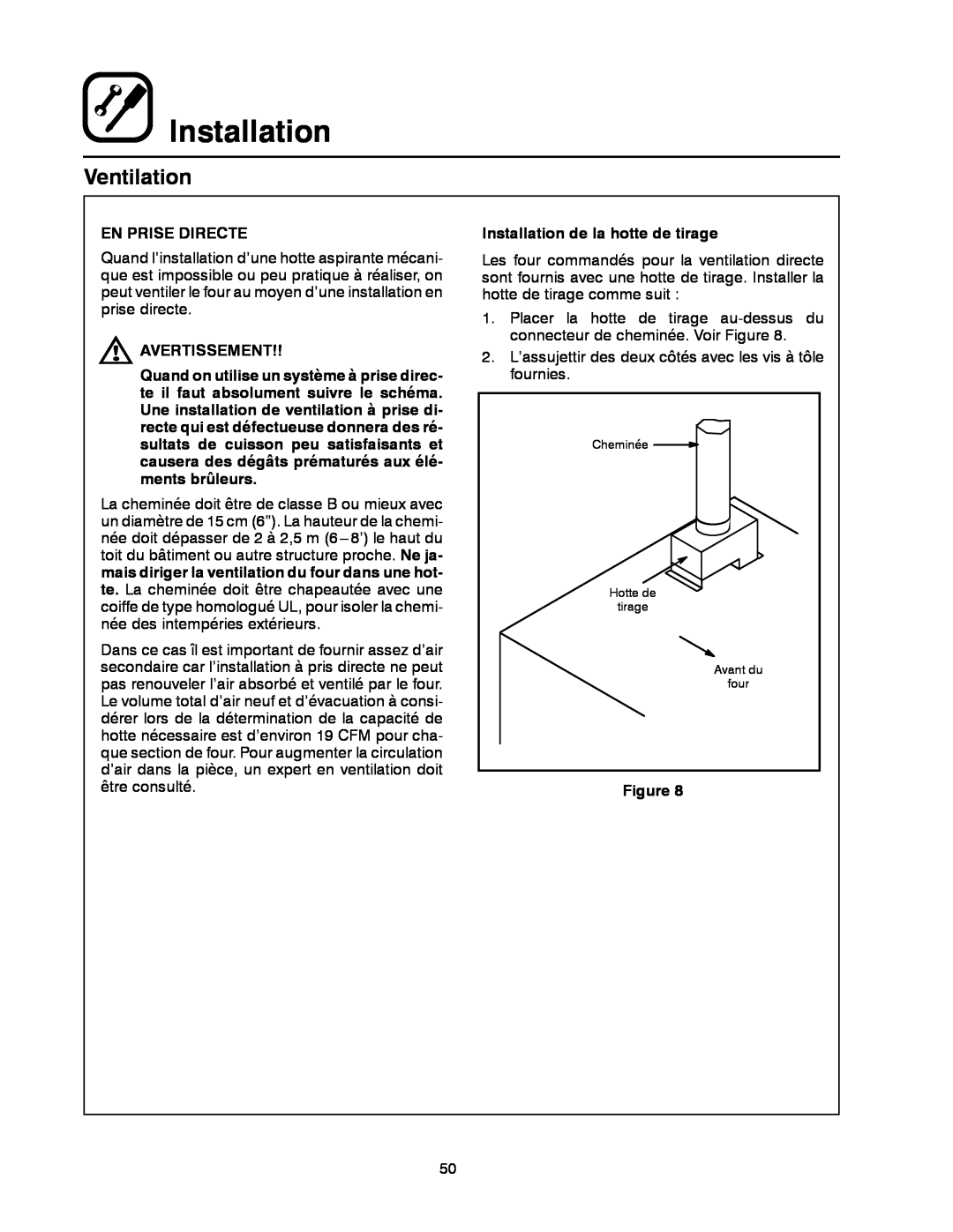 Blodgett DFG-50 manual Ventilation, En Prise Directe, Avertissement, Installation de la hotte de tirage 