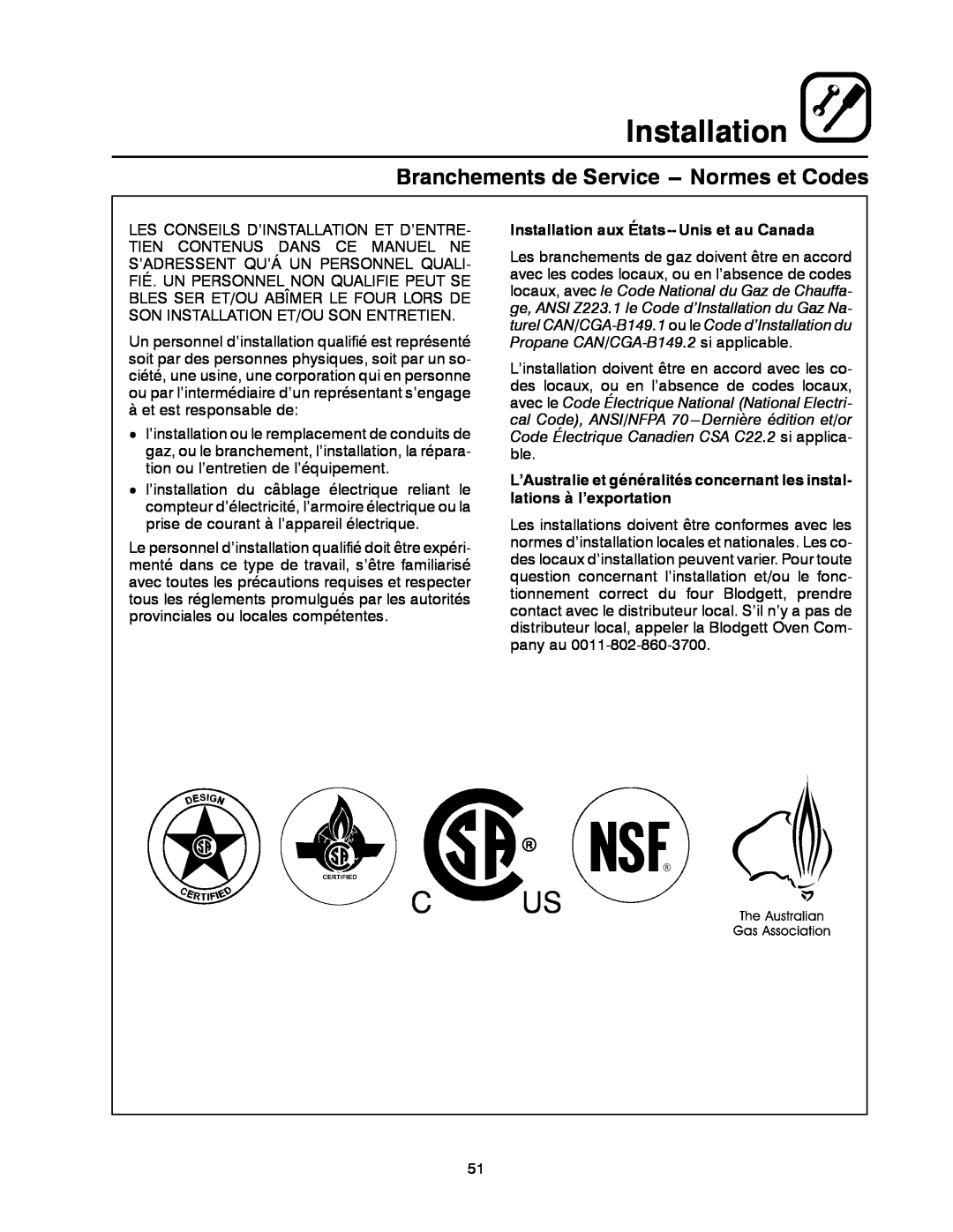 Blodgett DFG-50 manual Branchements de Service --- Normes et Codes, Installation aux États-- Unis et au Canada 