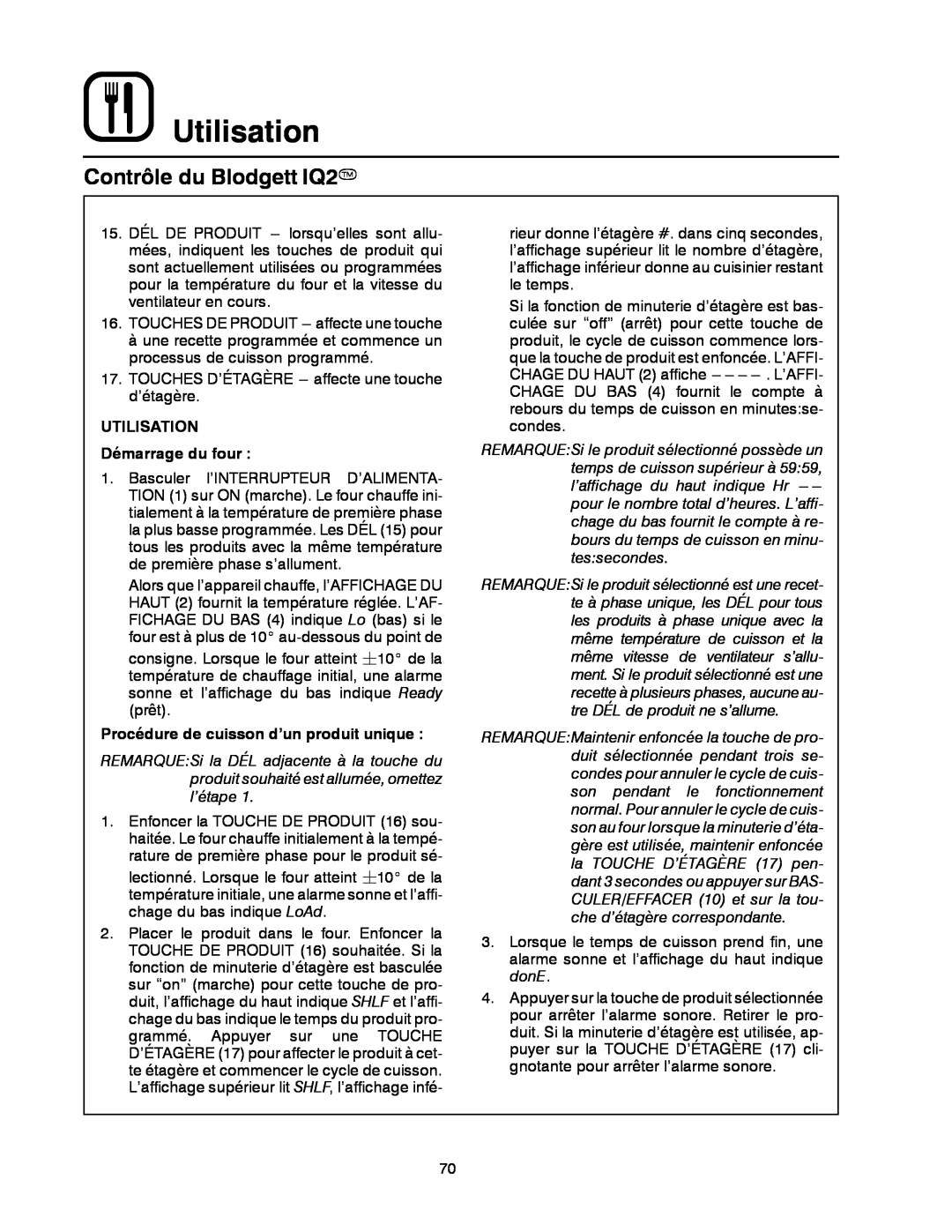 Blodgett DFG-50 manual Utilisation, Contrôle du Blodgett IQ2T, UTILISATION Démarrage du four 