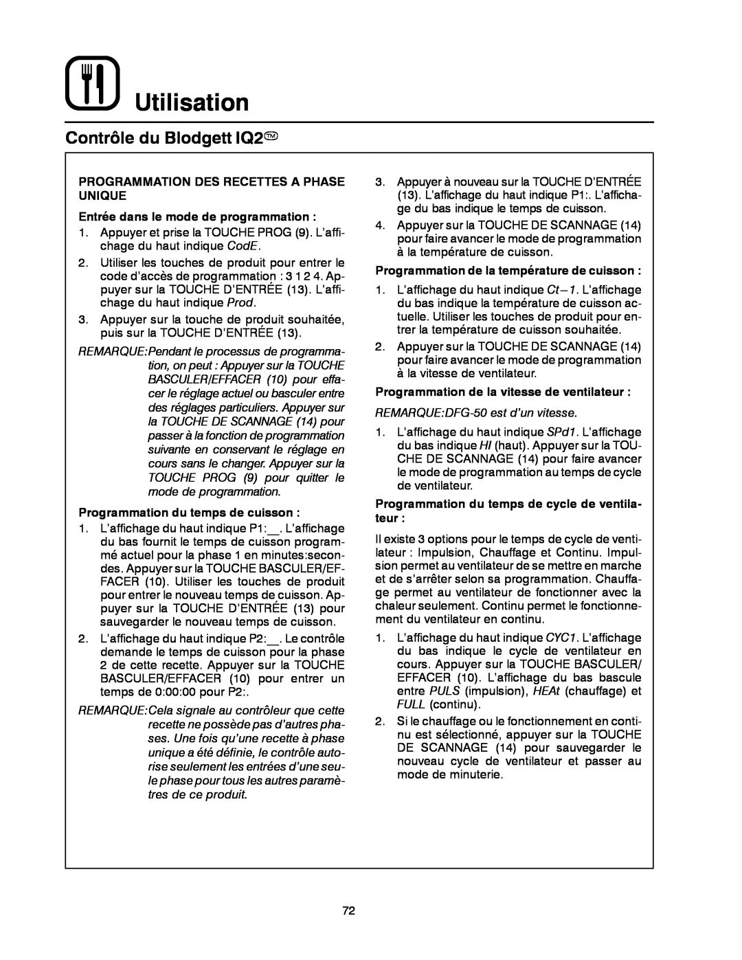 Blodgett DFG-50 manual Utilisation, Contrôle du Blodgett IQ2T, Programmation Des Recettes A Phase Unique 