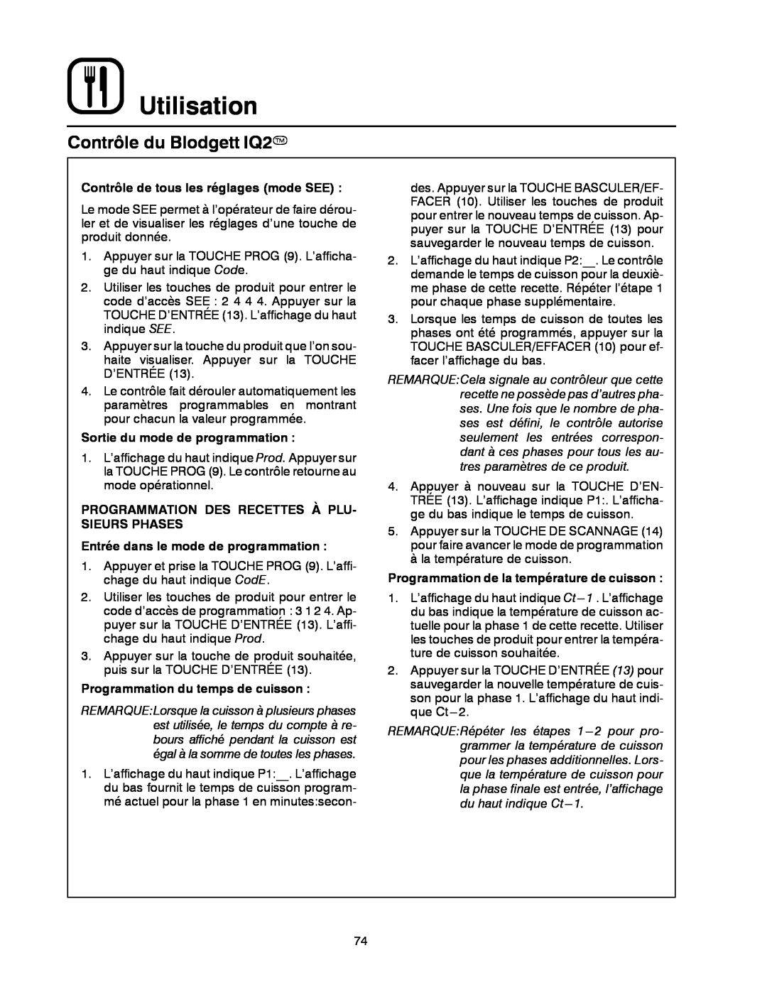 Blodgett DFG-50 manual Utilisation, Contrôle du Blodgett IQ2T, Contrôle de tous les réglages mode SEE 