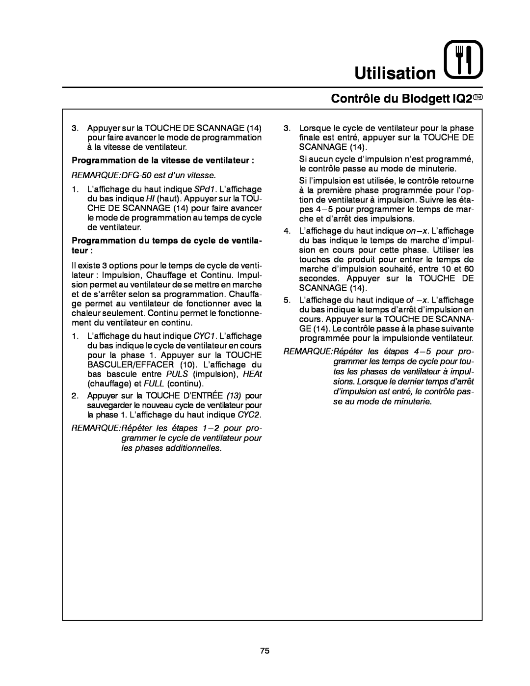 Blodgett DFG-50 manual Utilisation, Contrôle du Blodgett IQ2T, Programmation de la vitesse de ventilateur 