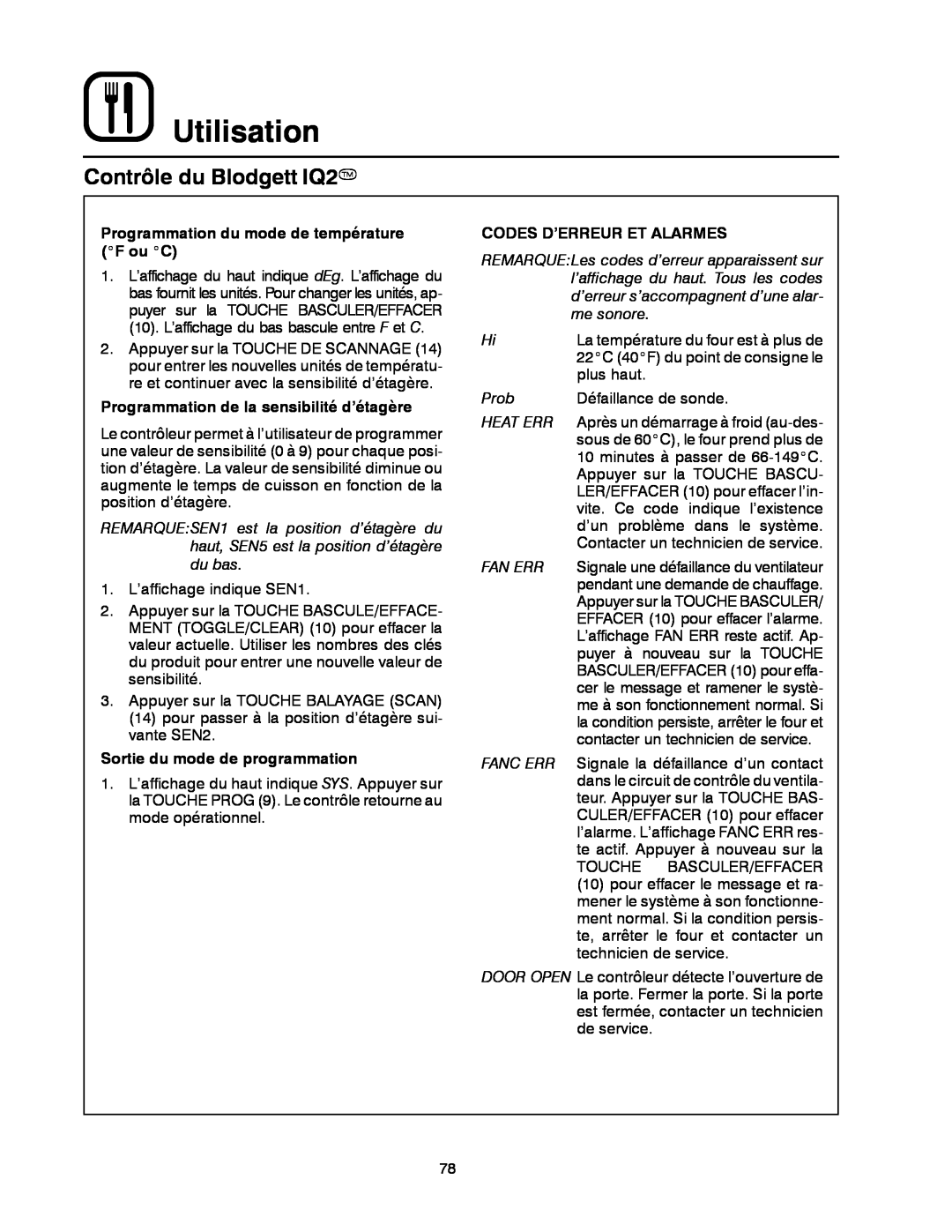 Blodgett DFG-50 manual Utilisation, Contrôle du Blodgett IQ2T, Programmation du mode de température F ou C 
