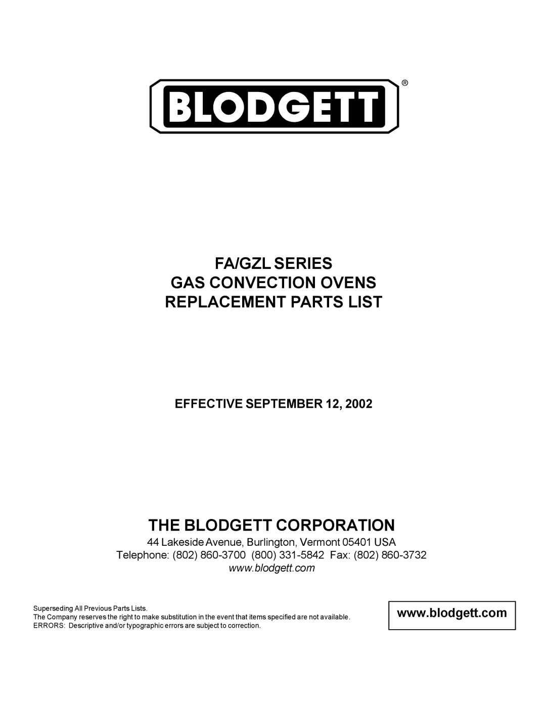 Blodgett FA/GZL manual Blodgett Corporation, Effective September 12 