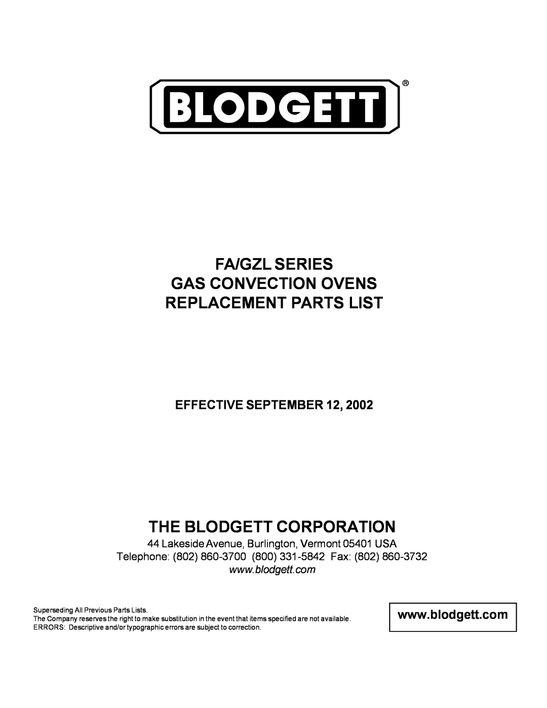 Blodgett FA/GZL manual EFFECTIVE SEPTEMBER 12, Fa/Gzl Series Gas Convection Ovens, Replacement Parts List 