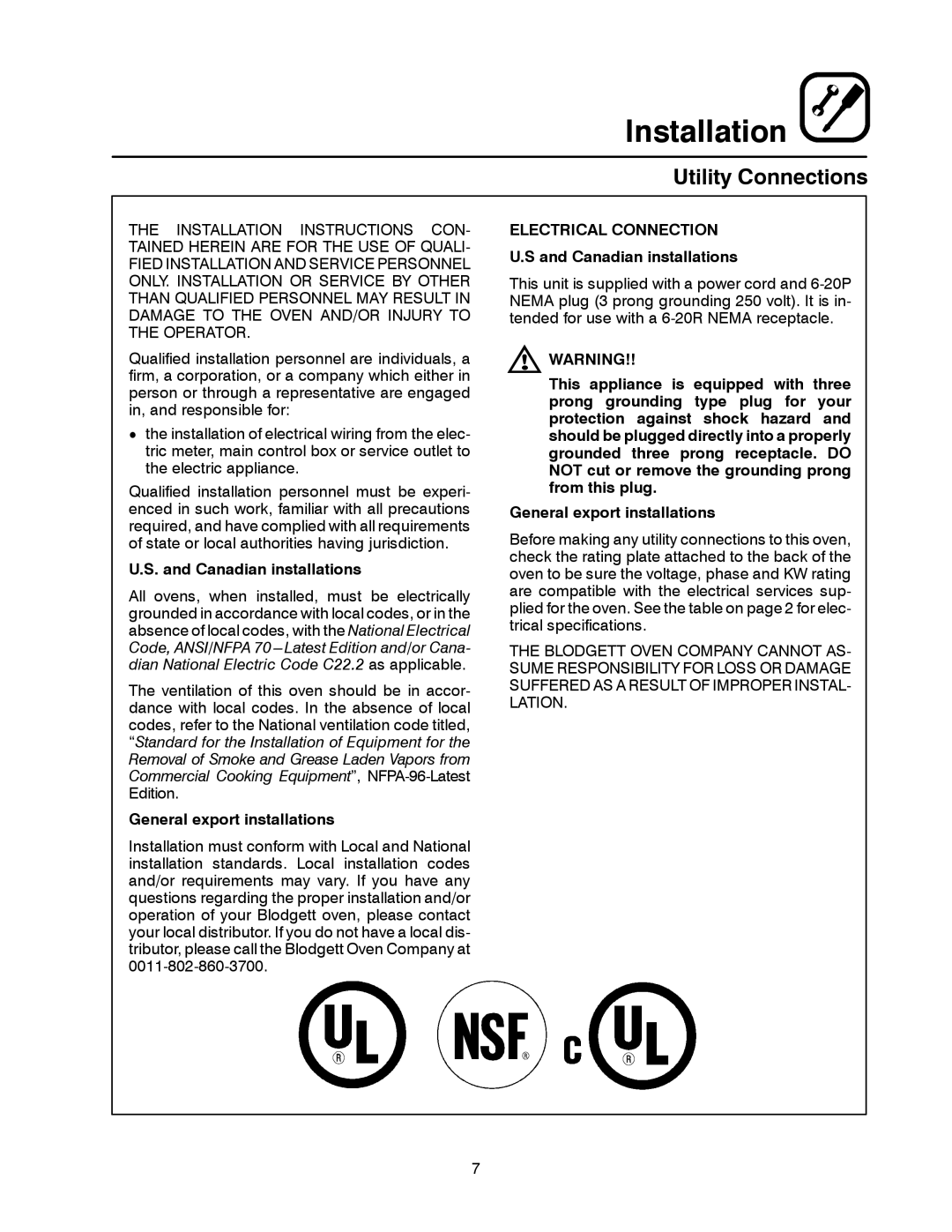 Blodgett KCO-25E manual Utility Connections, Canadian installations, General export installations, Electrical Connection 