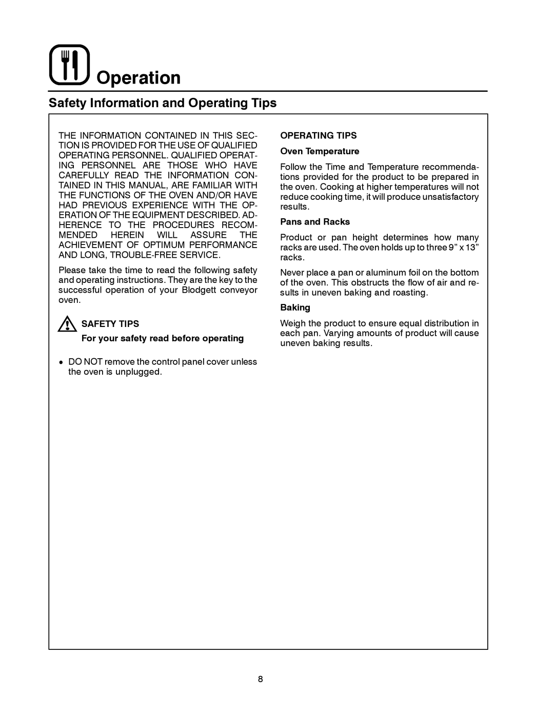 Blodgett KCO-25E manual Operation, Safety Information and Operating Tips, Safety Tips 