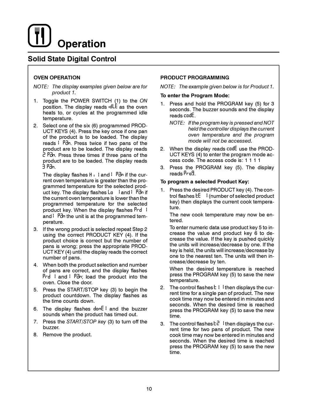 Blodgett KCO-25E manual Oven Operation, Product Programming, To enter the Program Mode, To program a selected Product Key 