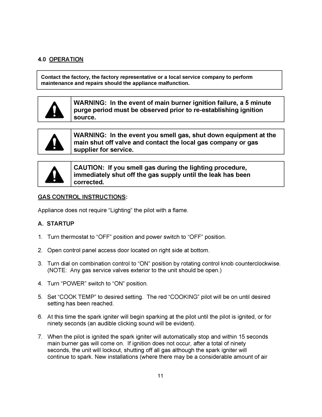 Blodgett KLS-20G, KLS-40G, KLS-60G manual Operation, GAS Control Instructions, Startup 