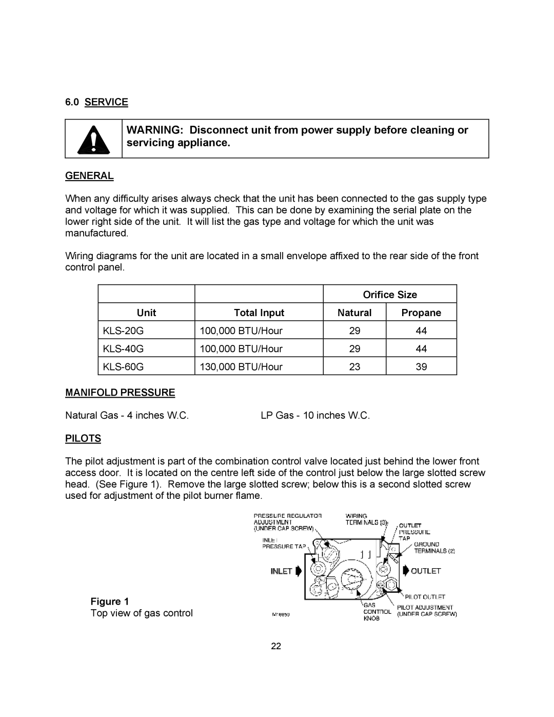 Blodgett KLS-40G, KLS-60G, KLS-20G manual Service General, Orifice Size, Unit Total Input Natural, Manifold Pressure, Pilots 