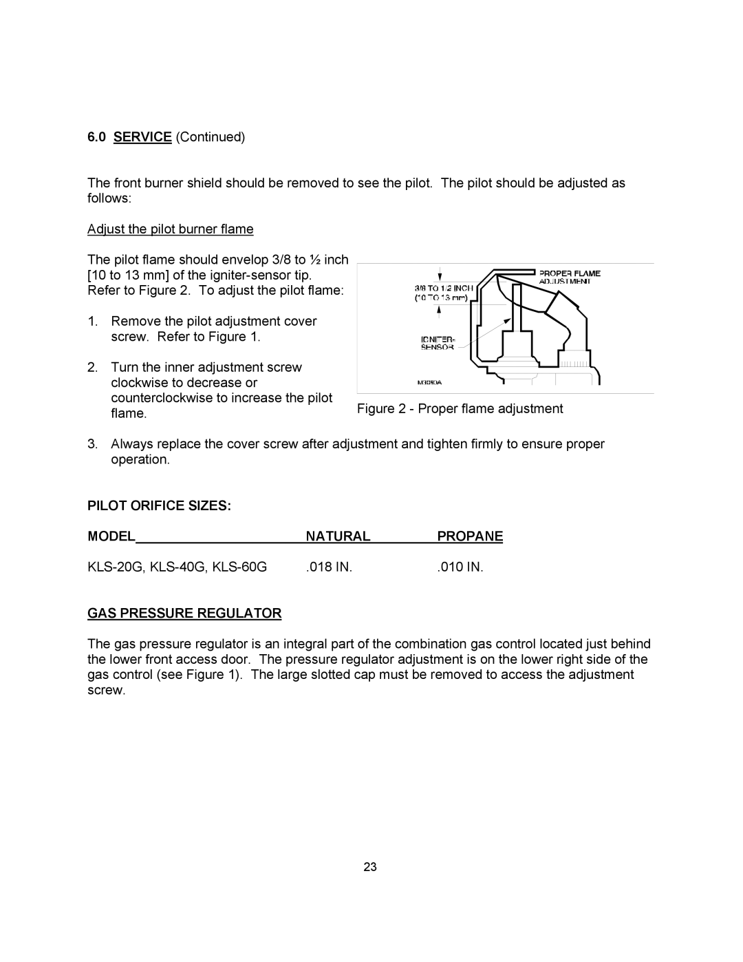 Blodgett KLS-20G, KLS-40G, KLS-60G manual Pilot Orifice Sizes, Natural Propane, GAS Pressure Regulator 