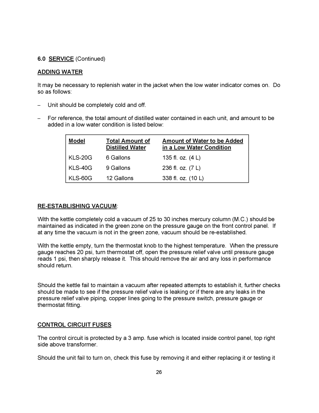 Blodgett KLS-40G, KLS-60G, KLS-20G manual Adding Water, RE-ESTABLISHING Vacuum, Control Circuit Fuses 