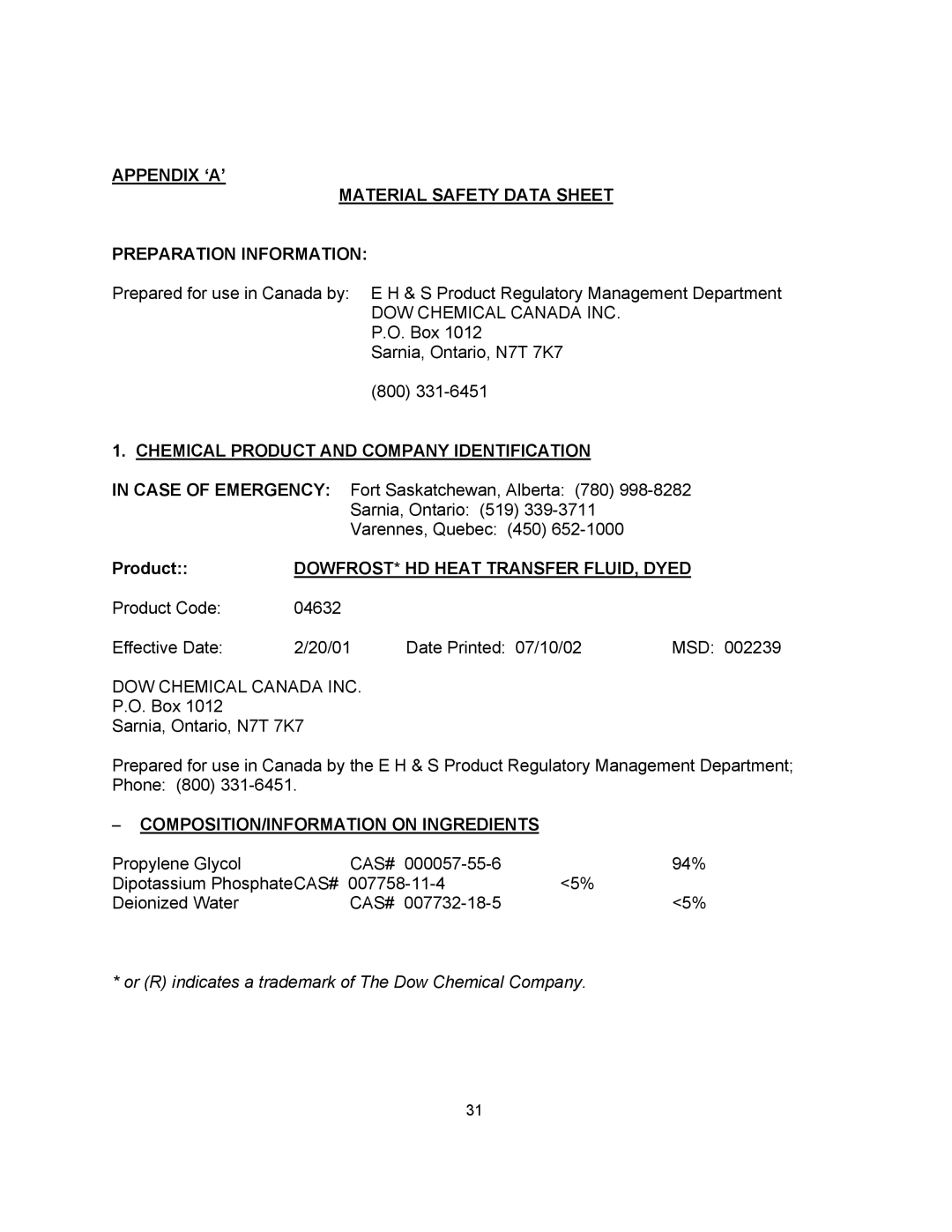 Blodgett KLS-20G, KLS-40G, KLS-60G manual Product, DOW Chemical Canada INC, COMPOSITION/INFORMATION on Ingredients, Cas# 