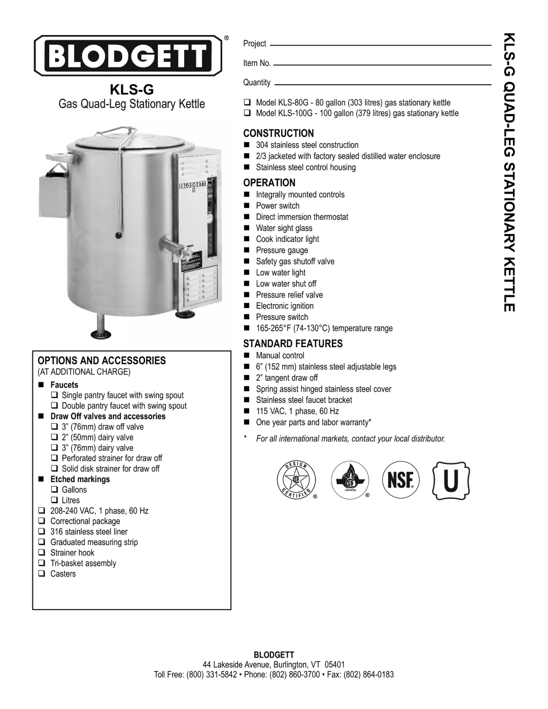 Blodgett KLS-80G warranty Options and Accessories, Construction, Operation, Standard Features 