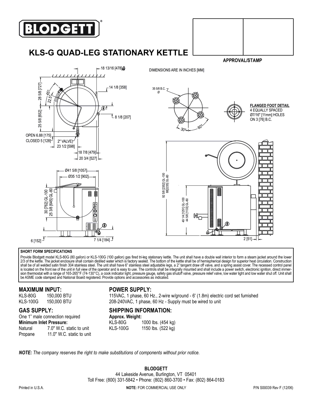 Blodgett KLS-80G Maximum Input Power Supply, GAS Supply Shipping Information, Approx. Weight, Minimum Inlet Pressure 