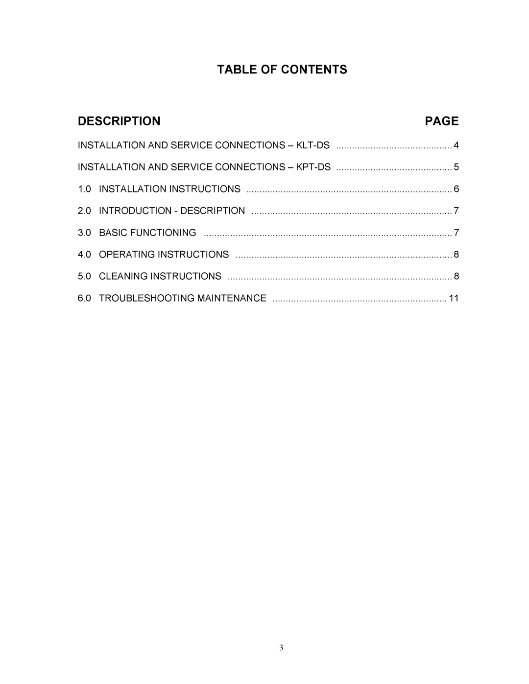 Blodgett KPT-DS, KLT-DS manual Table of Contents Description 