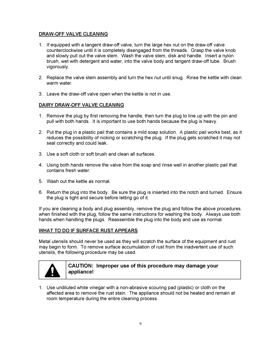 Blodgett KPT-DS, KLT-DS manual Dairy DRAW-OFF Valve Cleaning, What to do if Surface Rust Appears 