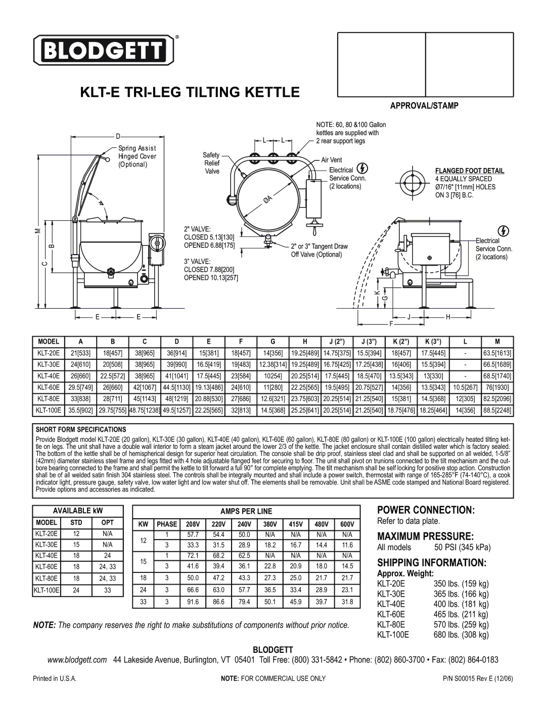 Blodgett KLT-E warranty Power Connection, Maximum Pressure, Shipping Information, Approx. Weight 