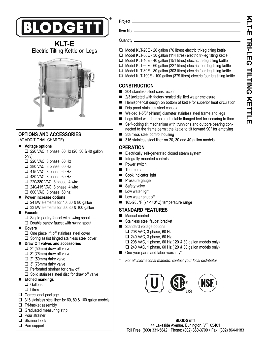 Blodgett KLT-E warranty Klt-E Tri-Legtilting Kettle, Options And Accessories, Construction, Operation, Voltage options 