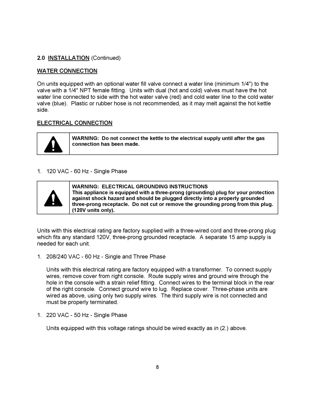 Blodgett KLT-G Series manual Water Connection, Electrical Connection 