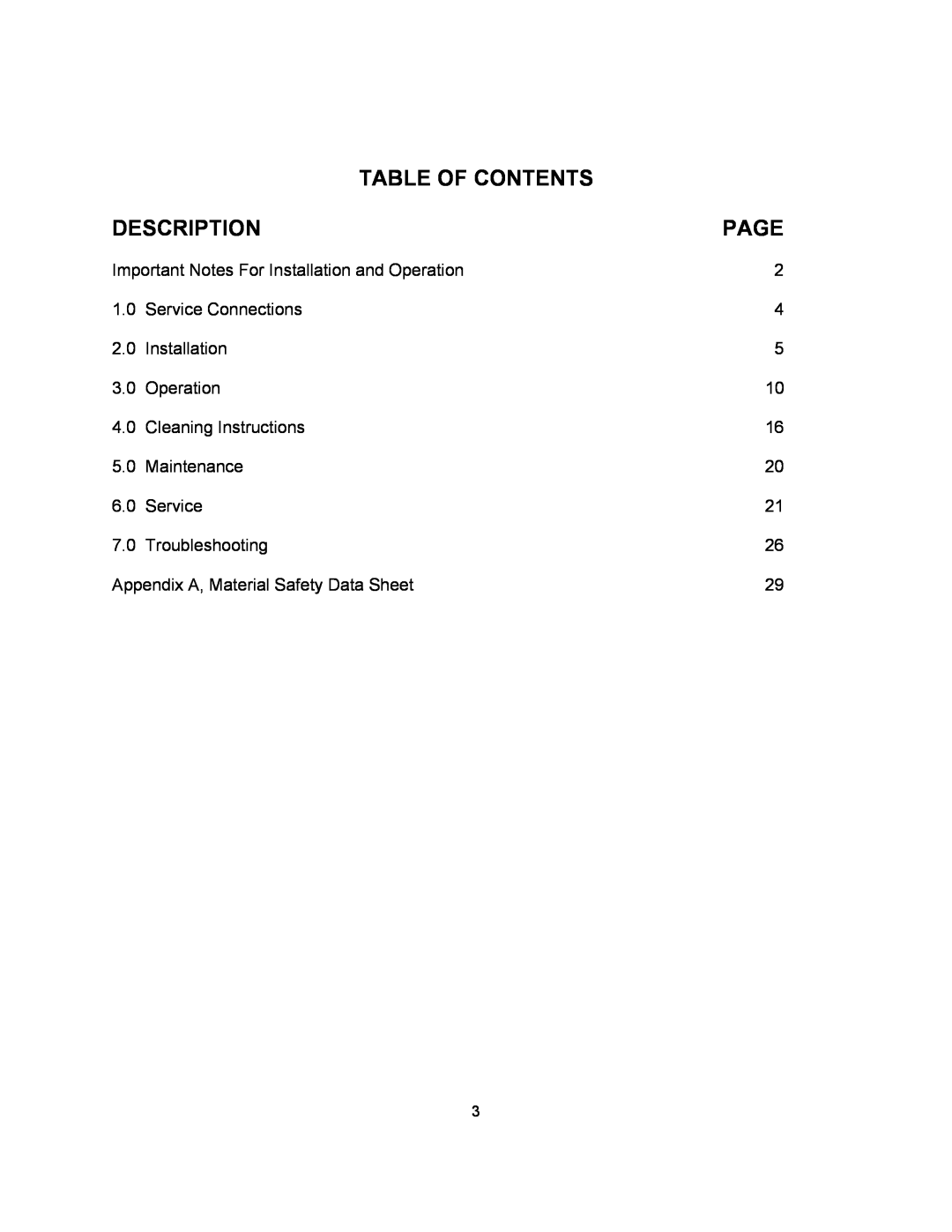 Blodgett KLT-G Series manual Table Of Contents, Description, Page 