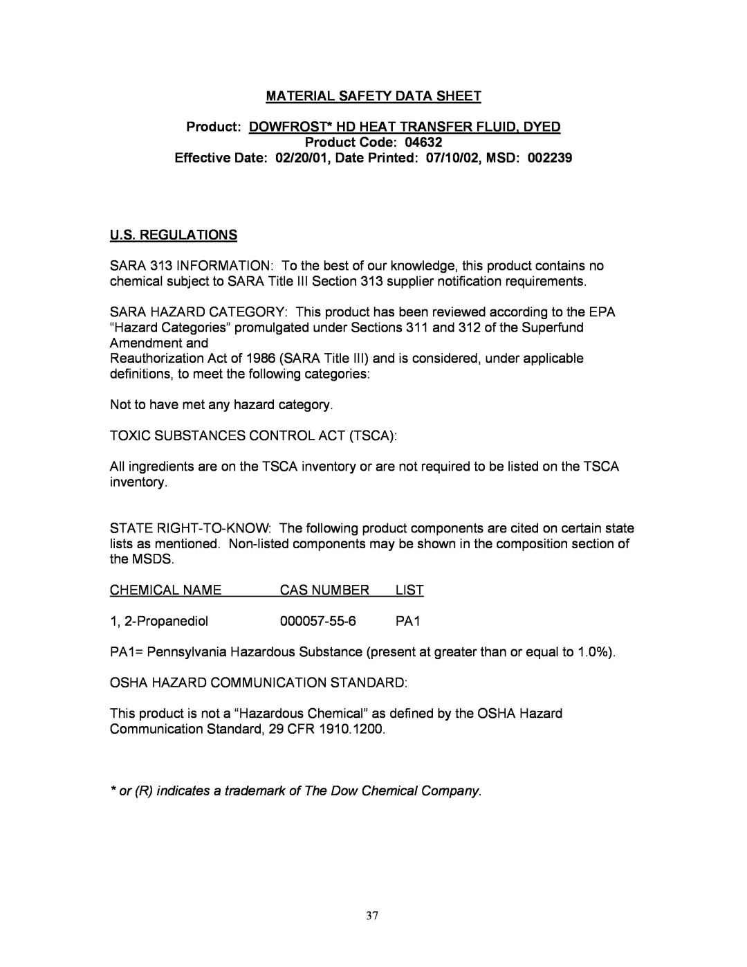 Blodgett KLT-G Series Effective Date 02/20/01, Date Printed 07/10/02, MSD U.S. REGULATIONS, Material Safety Data Sheet 