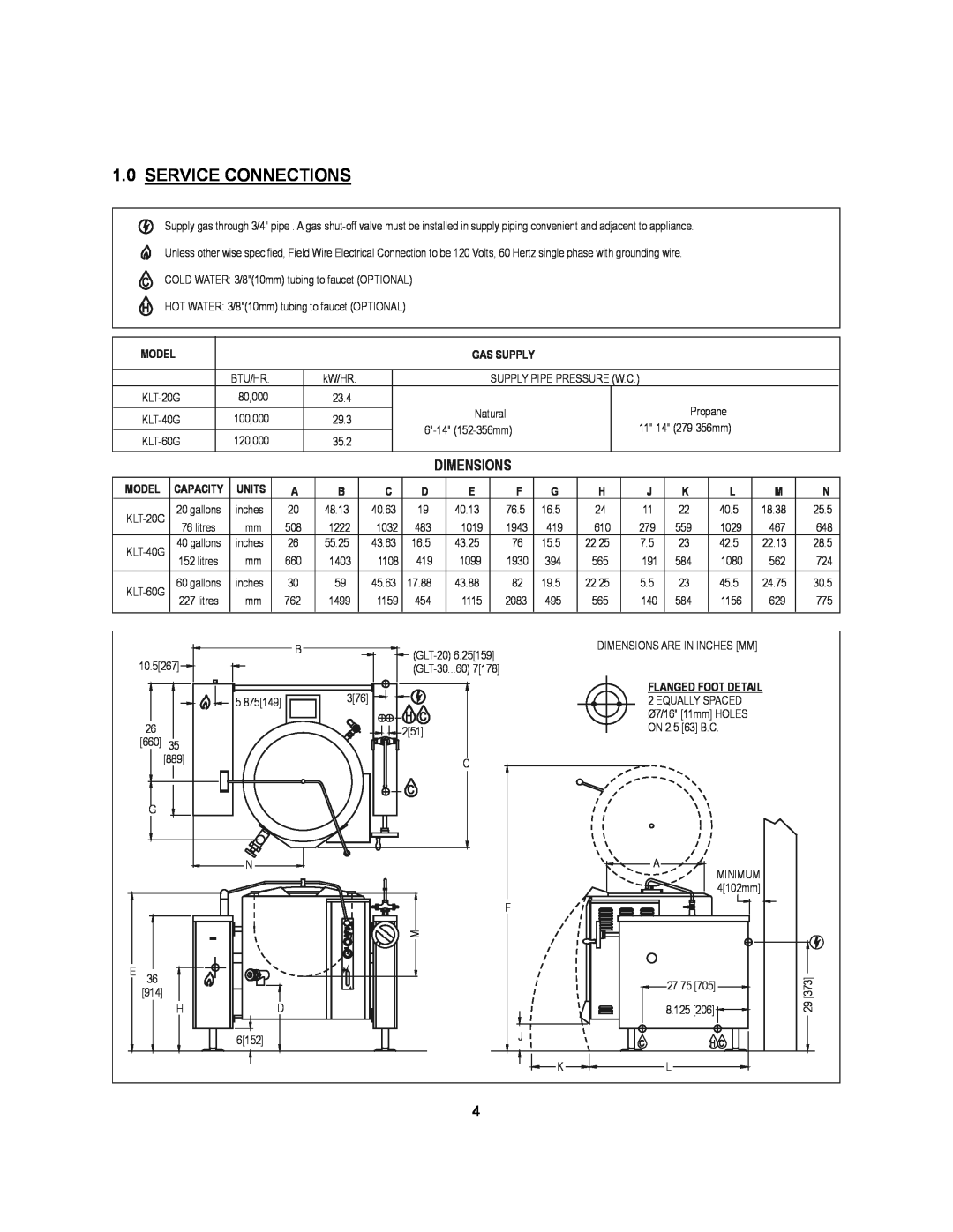 Blodgett KLT-G Series manual Service Connections, Dimensions, Model 