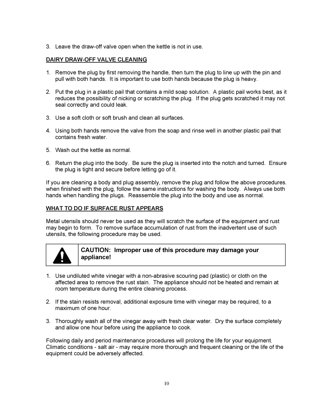 Blodgett KPS-DS Series, KLS-DS manual Dairy DRAW-OFF Valve Cleaning, What to do if Surface Rust Appears 