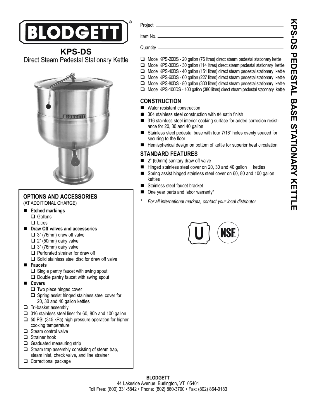 Blodgett warranty Kps-Ds, KPS-DS Pedestal Base Stationary Kettle, Options and Accessories, Construction 