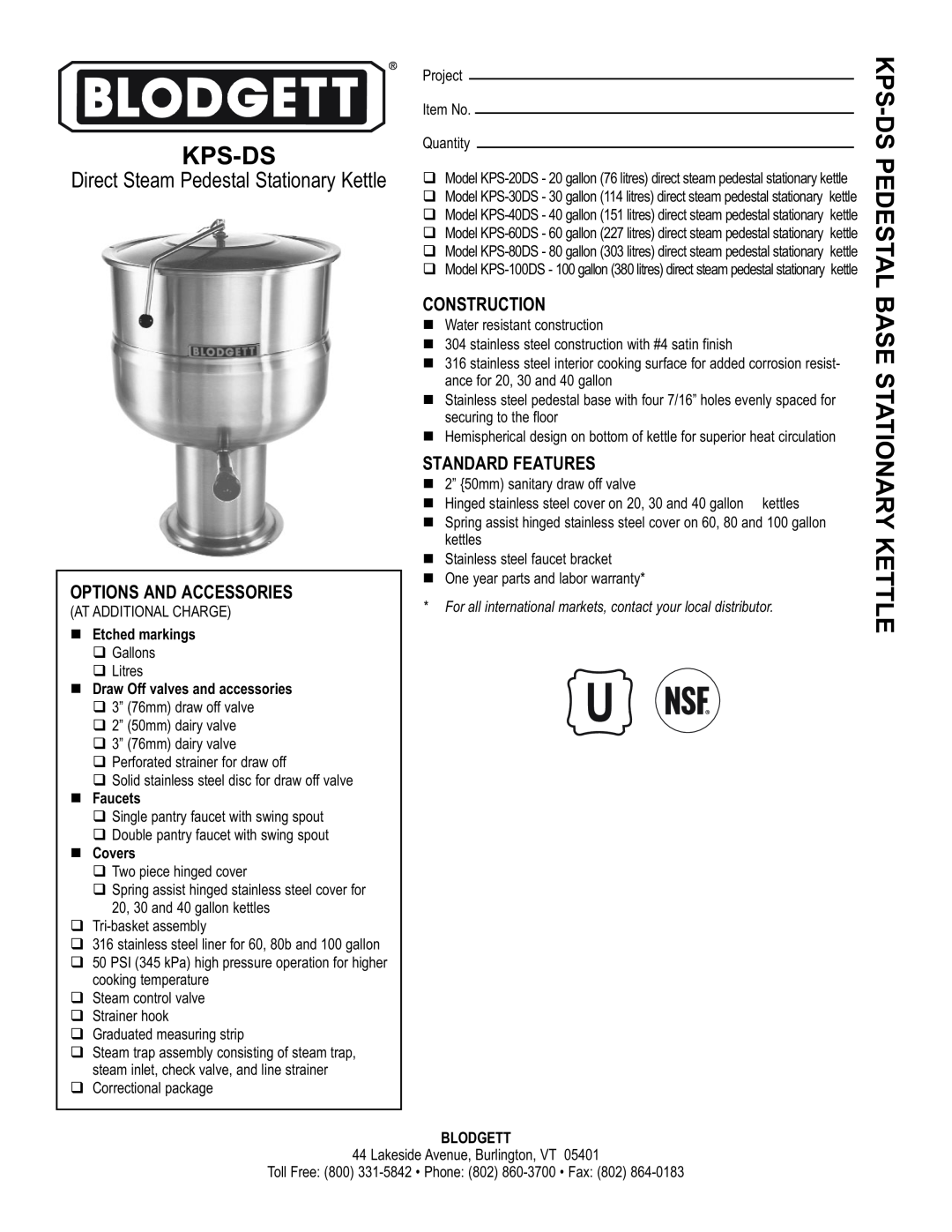 Blodgett KPS-DS warranty Kps-Dspedestal Base Stationary Kettle, Options And Accessories, Construction, Etched markings 