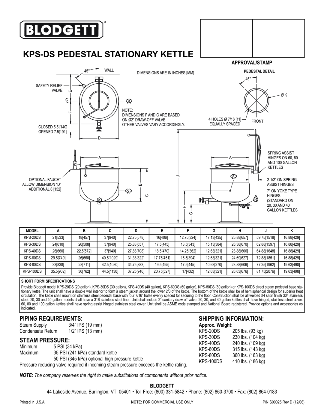 Blodgett KPS-DS Kps-Dspedestal Stationary Kettle, Piping Requirements, Steam Pressure, Shipping Information, Blodgett 