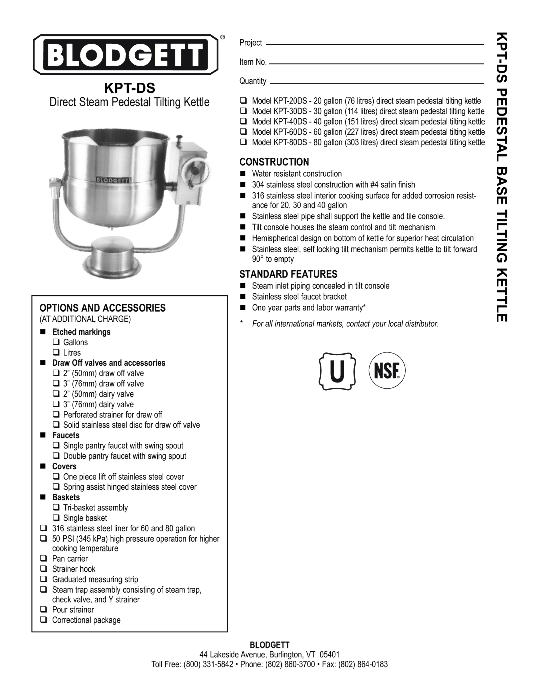 Blodgett KPT-30DS, KPT-40DS, KPT-20DS, KPT-80DS, KPT-60DS warranty Options and Accessories, Construction, Standard Features 