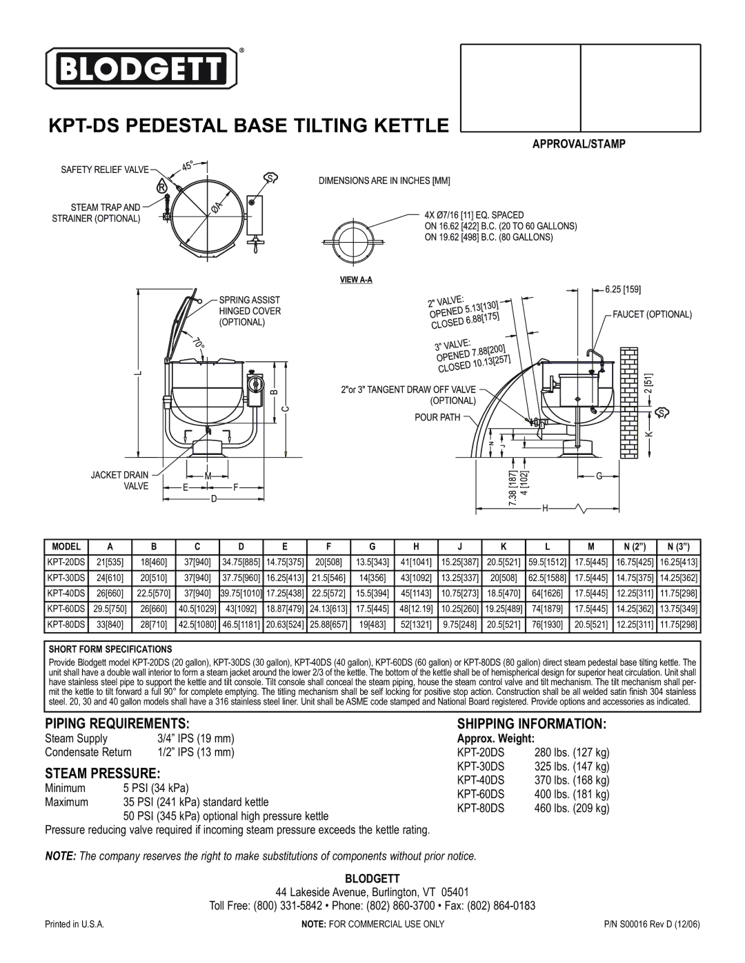 Blodgett KPT-20DS, KPT-40DS, KPT-30DS, KPT-80DS Piping Requirements, Steam Pressure, Shipping Information, Approx. Weight 