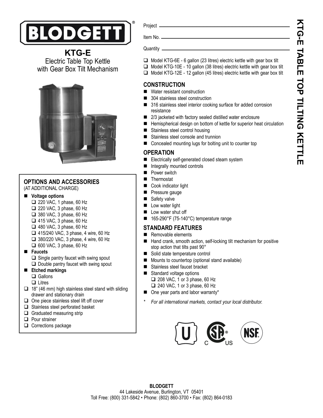 Blodgett KTG-6E warranty Ktg-Etable Top Tilting Kettle, Options And Accessories, Construction, Operation, Faucets 