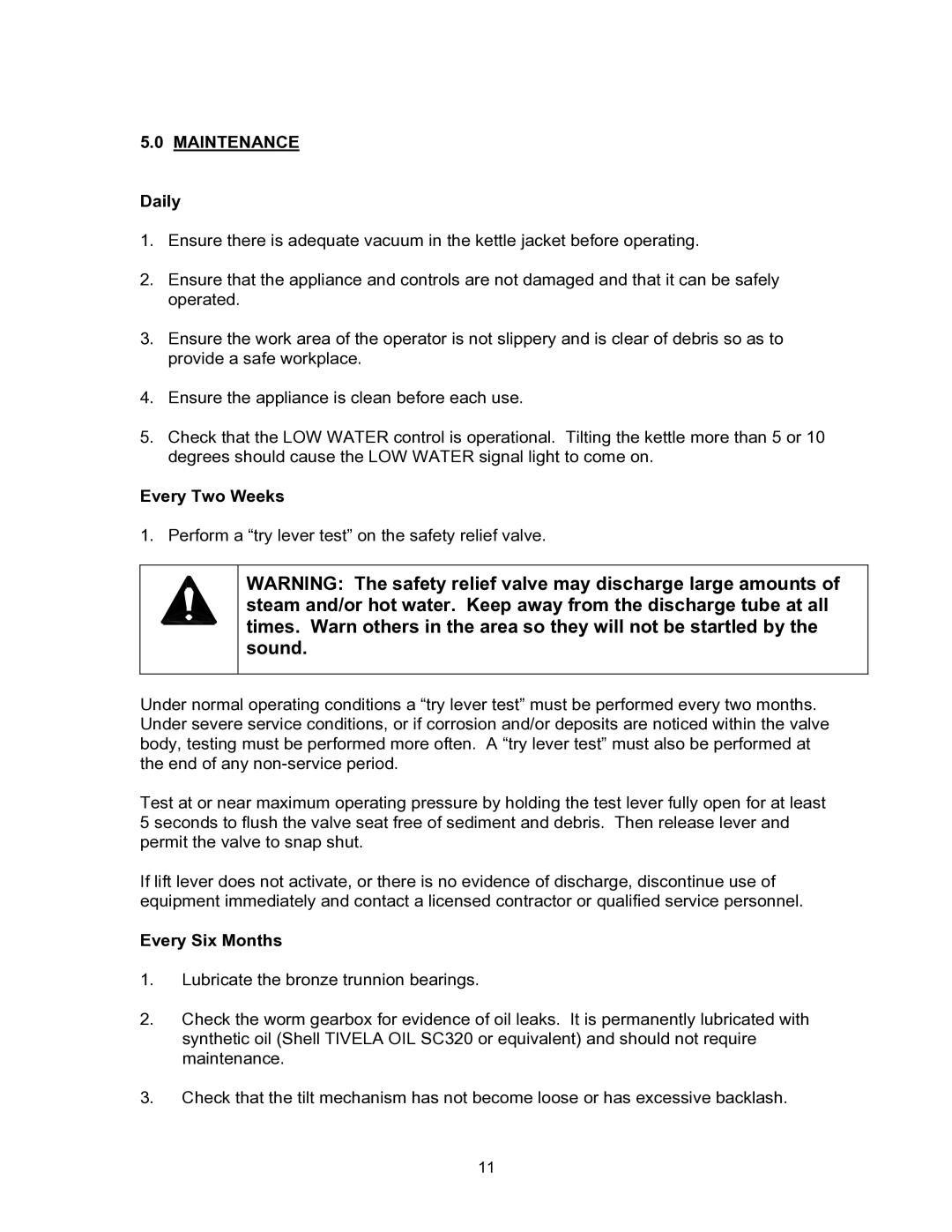 Blodgett KTG-E manual Maintenance, Daily, Every Two Weeks, Every Six Months 